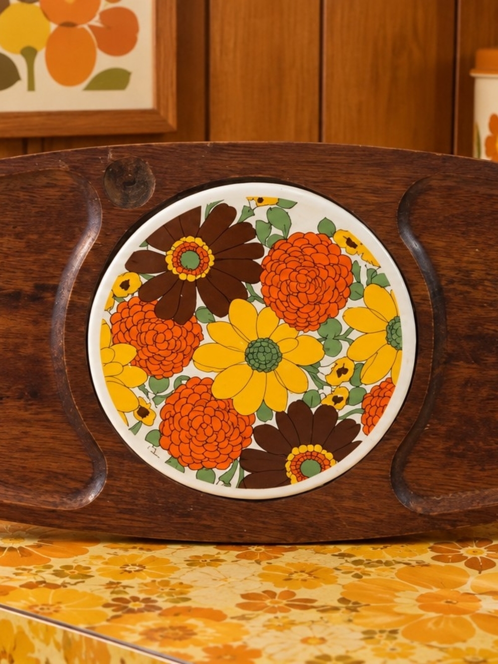 Vintage 1970s Floral Ceramic Serving Tray  - Orange, Yellow & Brown